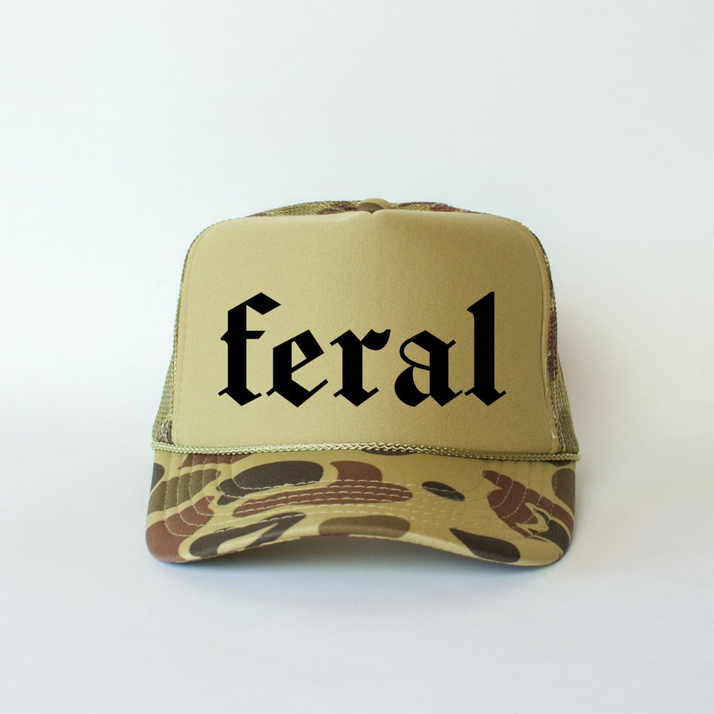 Feral Camo Night Hunter Streetwear Bold Statement Logo Limited Edition Trucker Hat