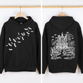 Haunted House Front And Back Halloween Retro Bats Witches Skeleton Jack O Lanterns Graphic Hoodie
