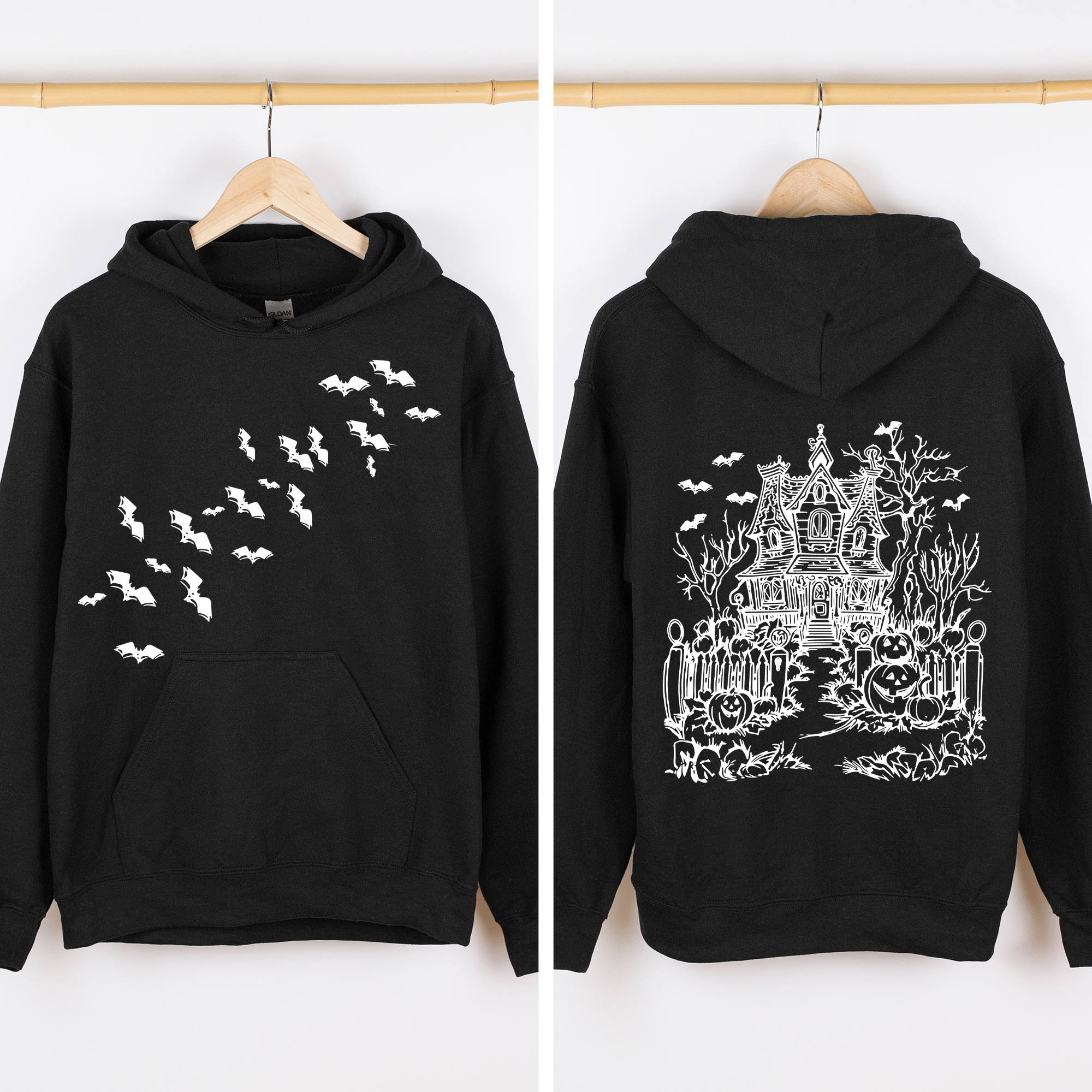 Haunted House Front And Back Halloween Retro Bats Witches Skeleton Jack O Lanterns Graphic Hoodie
