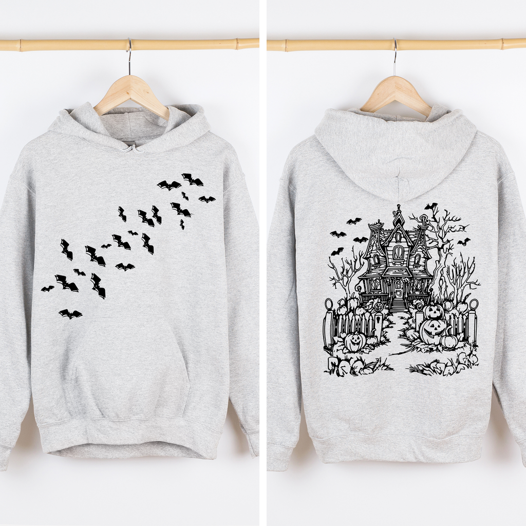 Haunted House Front And Back Halloween Retro Bats Witches Skeleton Jack O Lanterns Graphic Hoodie