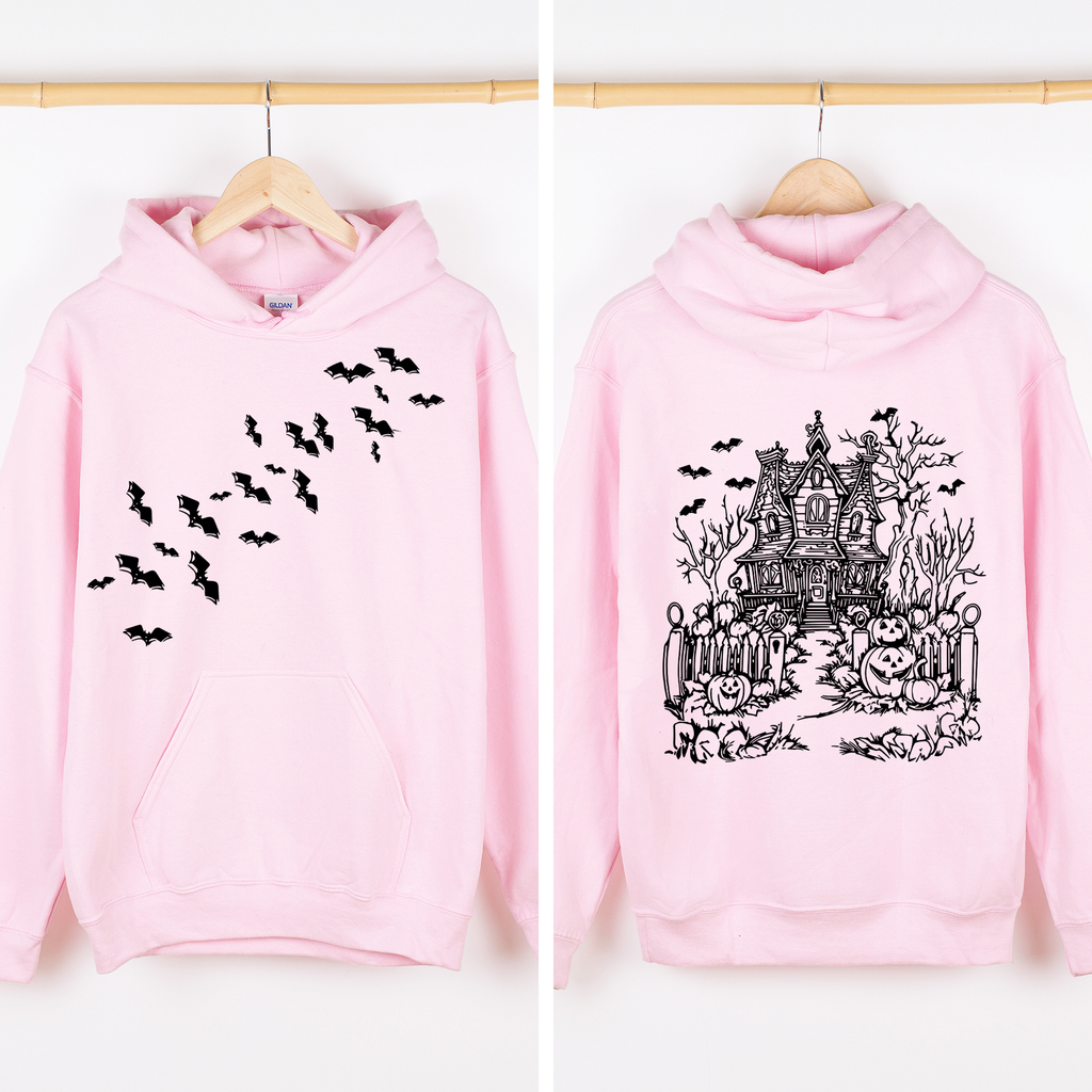 Haunted House Front And Back Halloween Retro Bats Witches Skeleton Jack O Lanterns Graphic Hoodie