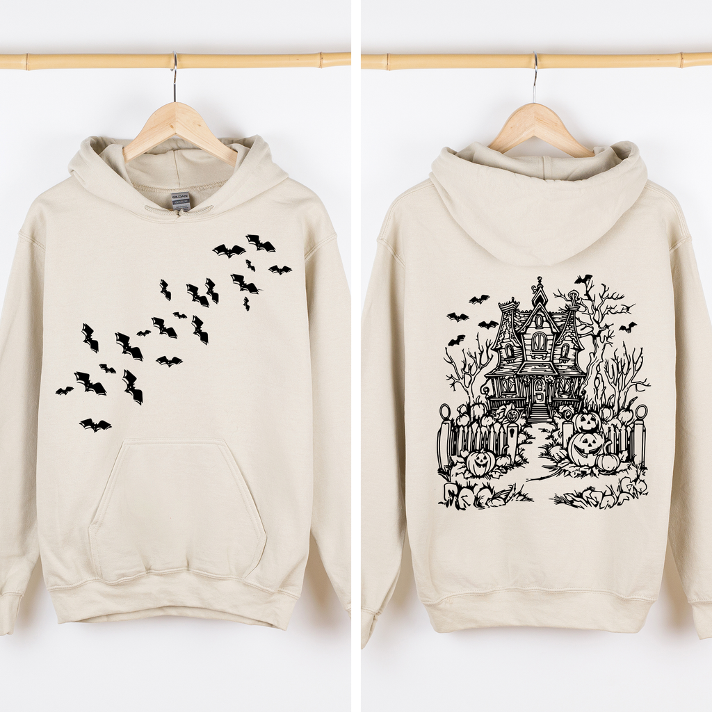 Haunted House Front And Back Halloween Retro Bats Witches Skeleton Jack O Lanterns Graphic Hoodie