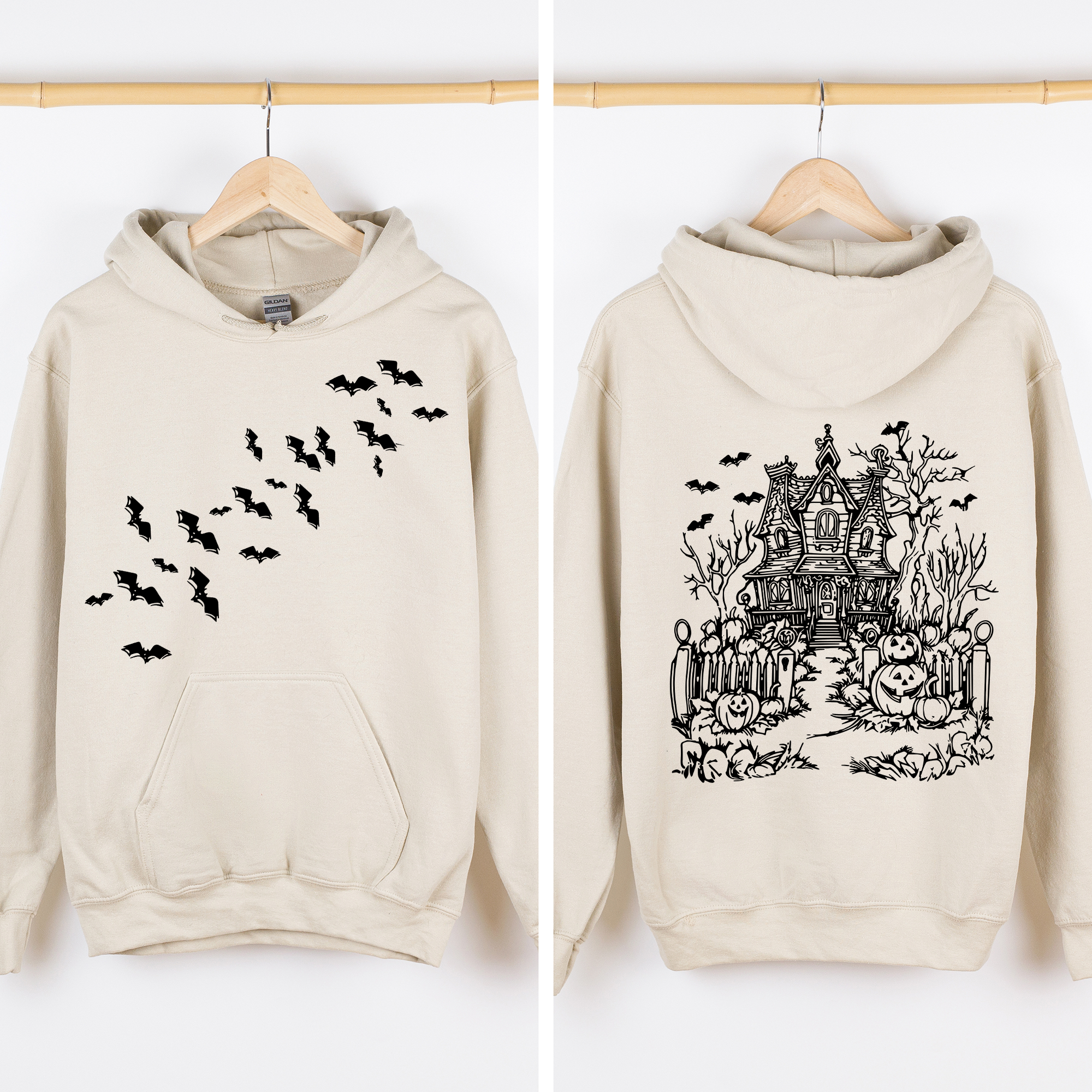Haunted House Front And Back Halloween Retro Bats Witches Skeleton Jack O Lanterns Graphic Hoodie