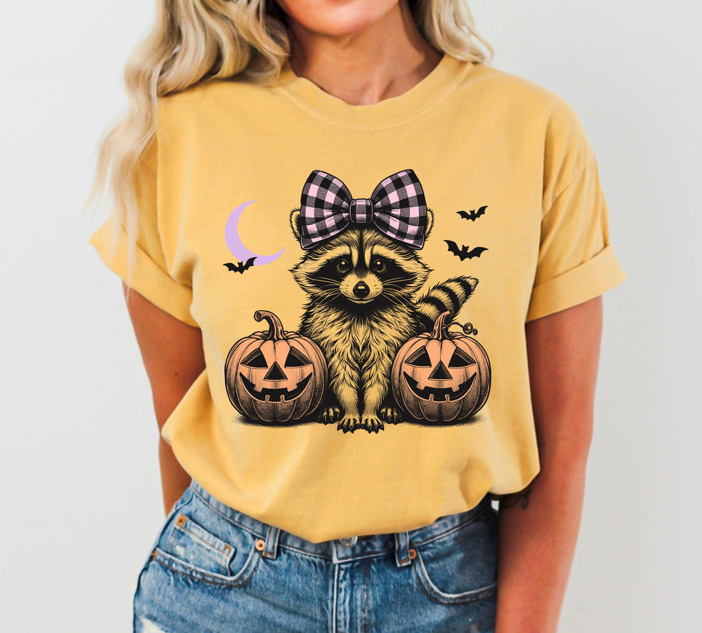 Cute Raccoon Halloween Aesthetic Meme Western Witch Hair Bow Pumpkin Costume Comfort Colors Tee