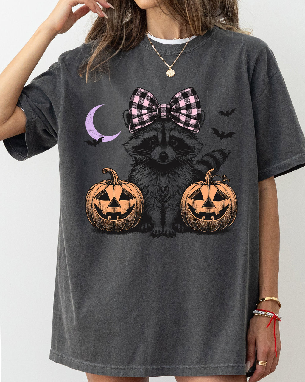 Cute Raccoon Halloween Aesthetic Meme Western Witch Hair Bow Pumpkin Costume Comfort Colors Tee
