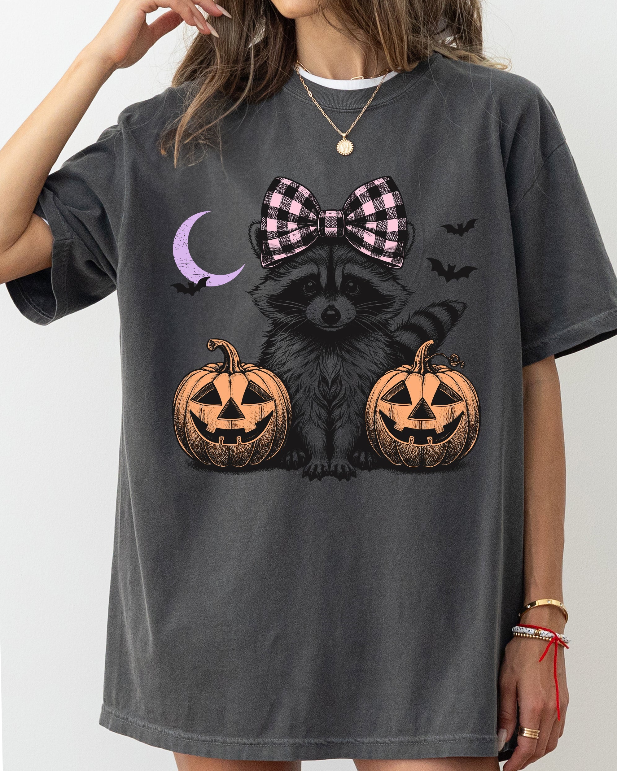 Cute Raccoon Halloween Aesthetic Meme Western Witch Hair Bow Pumpkin Costume Comfort Colors Tee