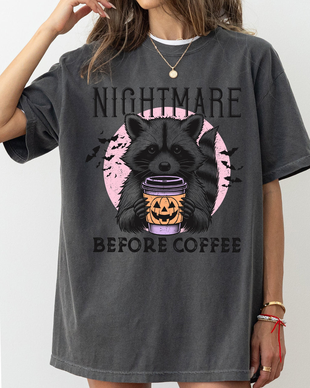 Raccoon Nightmare Before Coffee Western Witch Aesthetic Meme Halloween Comfort Colors Tee