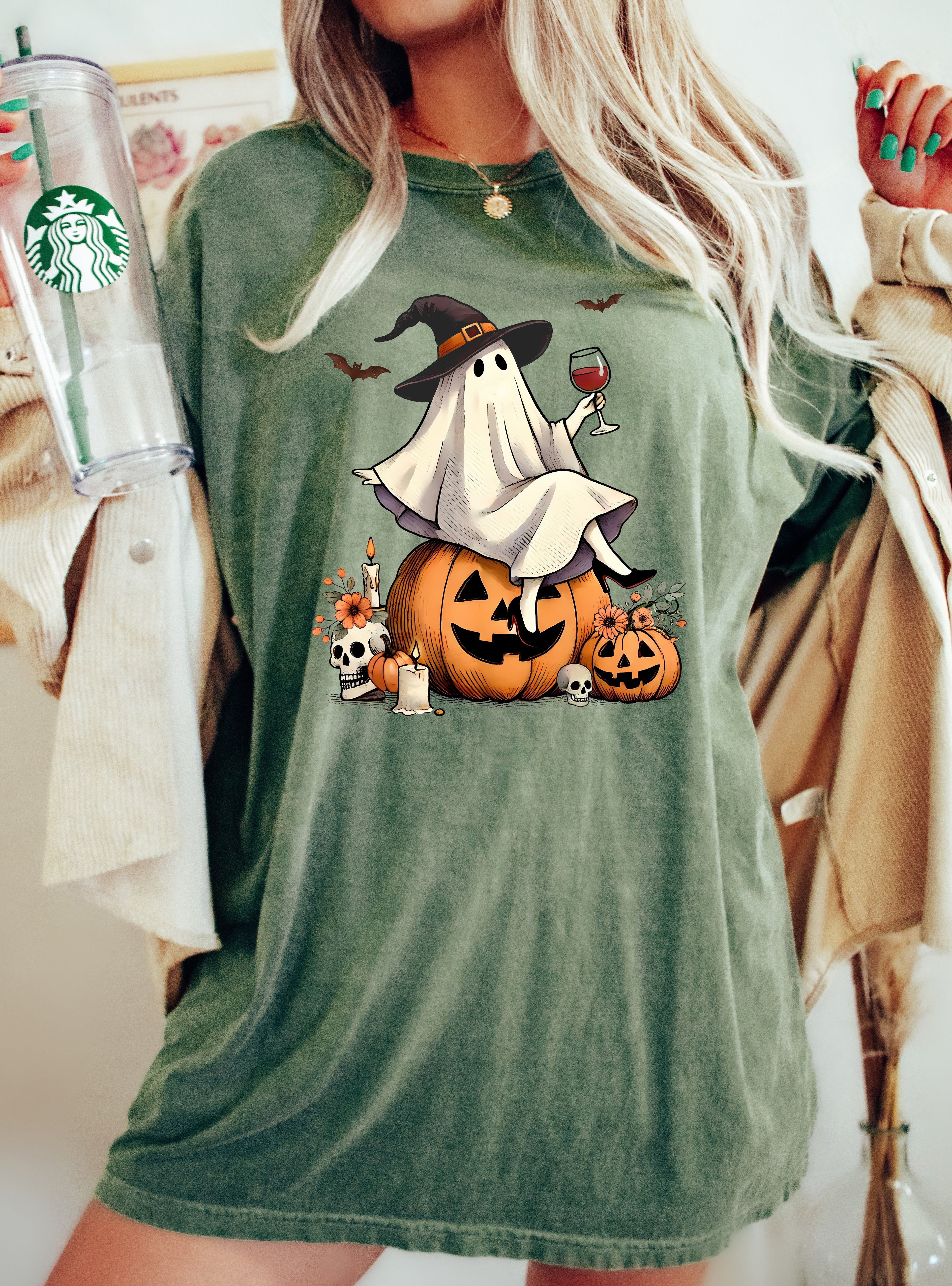 Ghost On Pumpkin Wine Western Witch Meme Halloween Costume Graphic Comfort Colors Tee