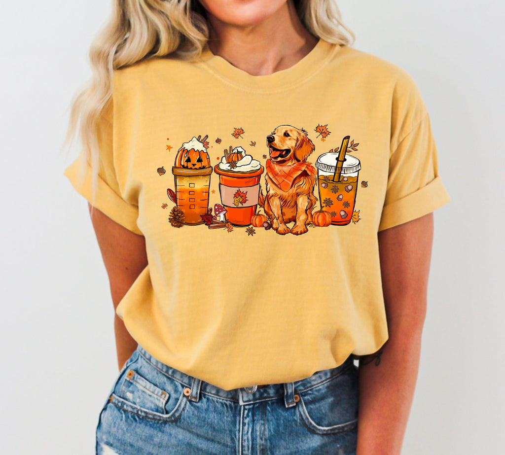 Coffee Lover Dog Golden Retriever Halloween Skeleton Western Witch Meme Costume Comfort Colors Tee