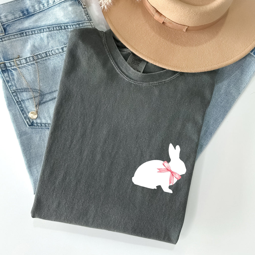 Whimsical Bunny With Bow Pocket Print Easter Rabbit Illustration For Spring Season Comfort Colors Tee