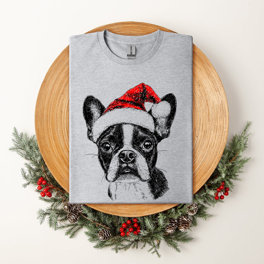 Boston Terrier Santa Christmas Dog Lover Portrait Design For Pet Fans Comfort Colors Tee