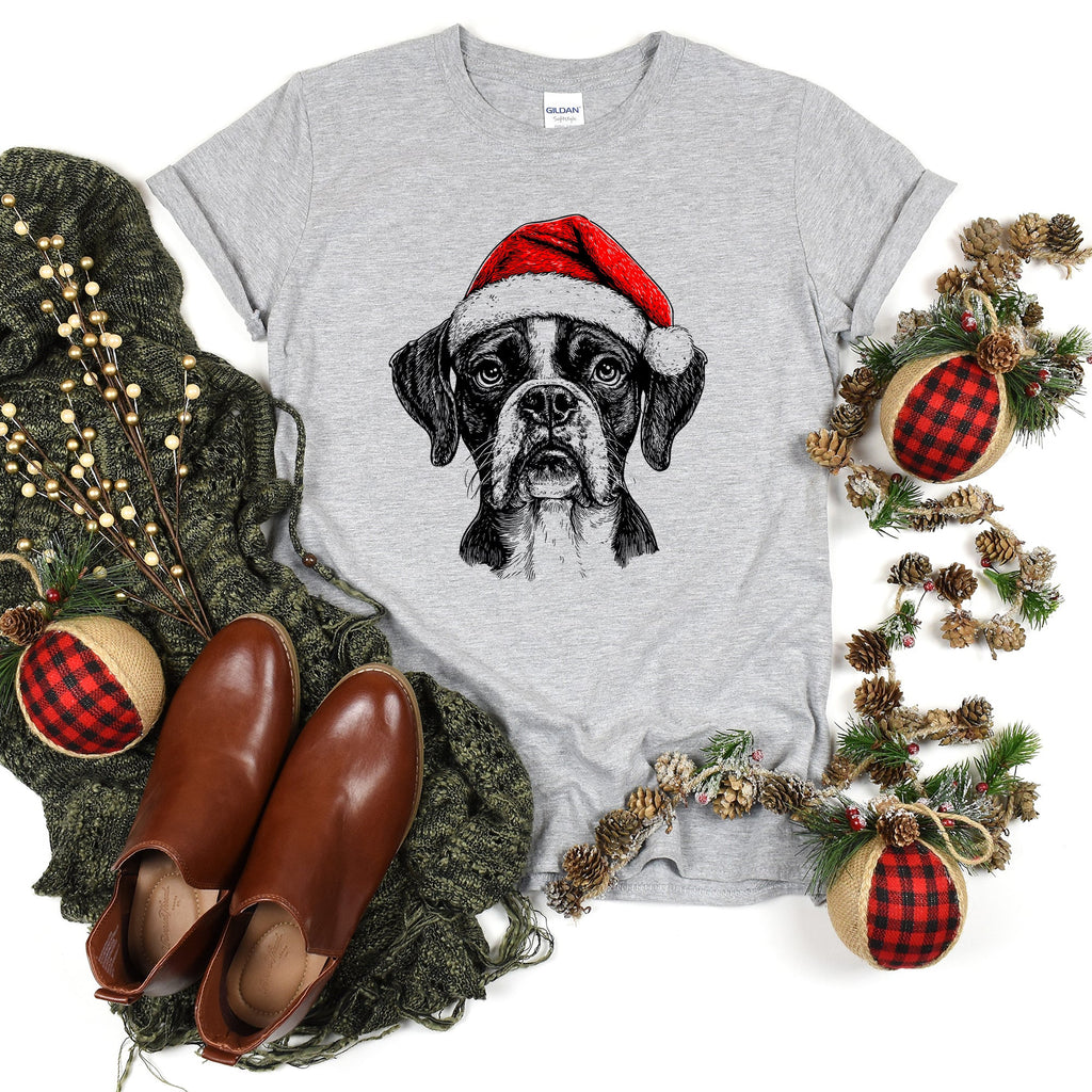 Boxer Santa Christmas Dog Lover Pet Portrait With Festive Paws And Holiday Spirit Comfort Colors Tee
