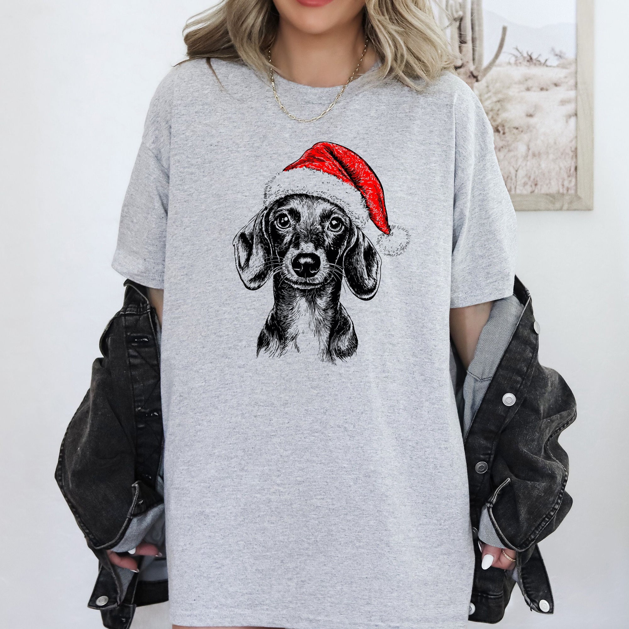Dachshund Santa Christmas Dog Lover Holiday Ornament Portrait Art Comfort Colors Tee