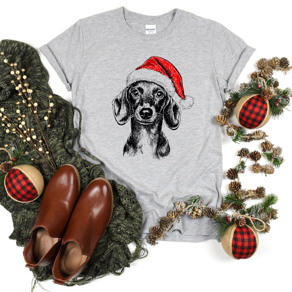Dachshund Santa Christmas Dog Lover Holiday Ornament Portrait Art Comfort Colors Tee