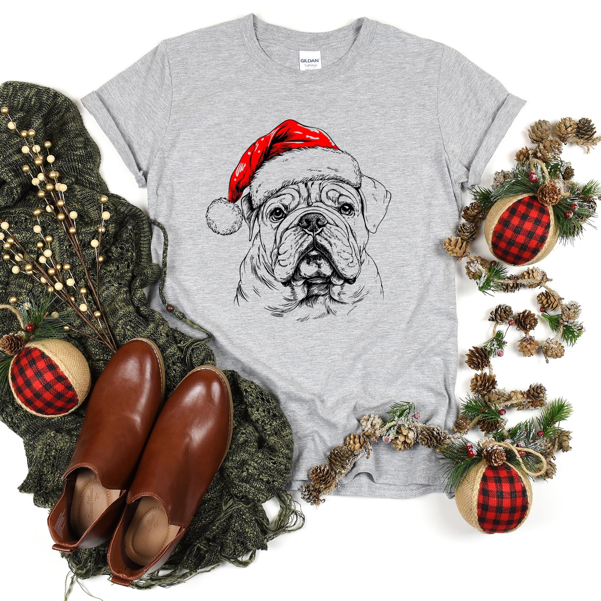 English Bulldog Santa Christmas Dog Lover Pet Graphic Design Edition Comfort Colors Tee