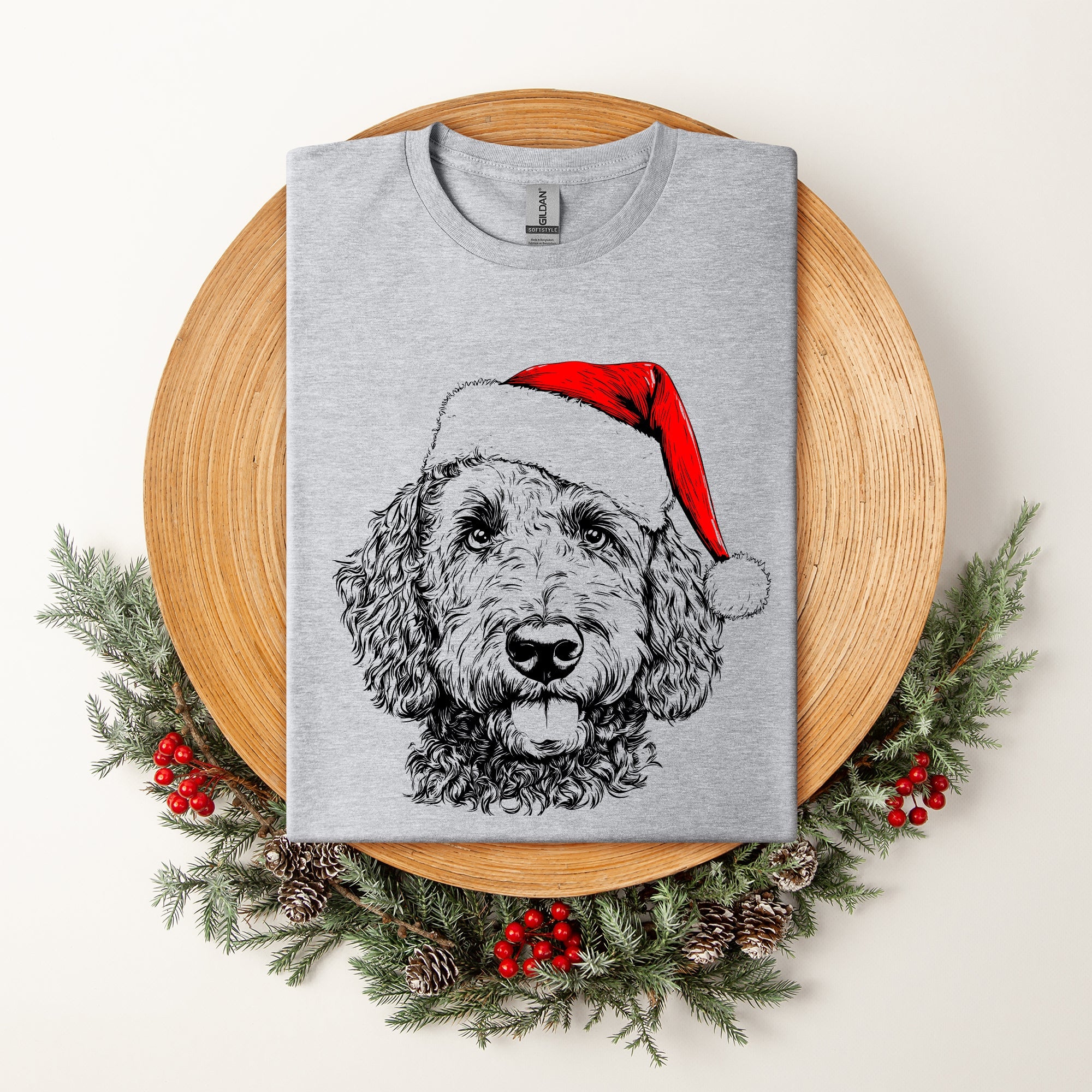 Labradoodle Santa Christmas Dog Lover Art Print With Cozy Premium Soft Feel Comfort Colors Tee