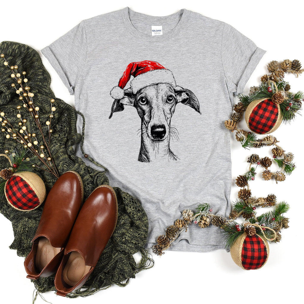 Whippet Santa Christmas Dog Lover Festive Portrait Keepsake Edition Comfort Colors Tee