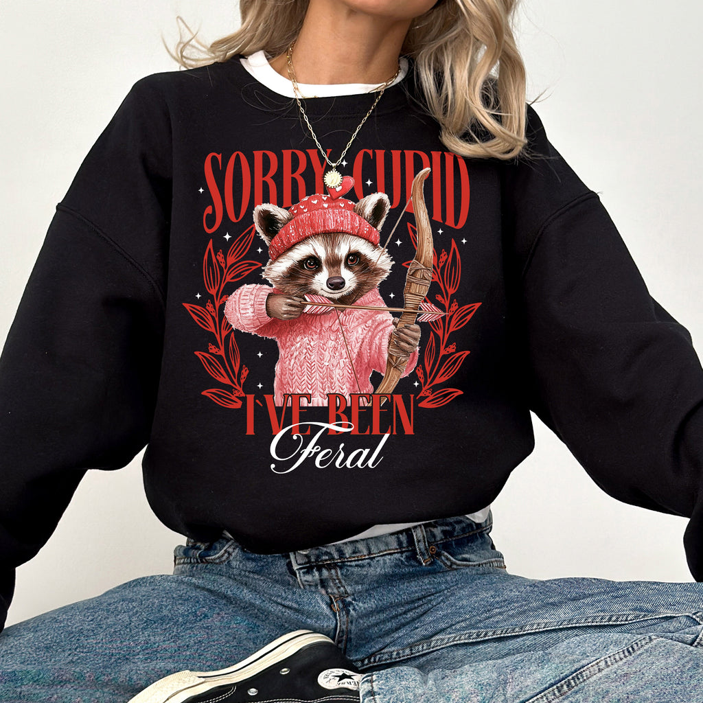 Sorry Cupid Raccoon Feral Valentine's Day Love Print With Cozy Soft Quirk Sweatshirt