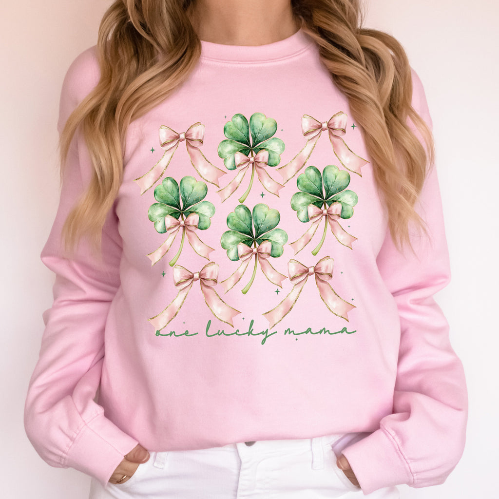 One Lucky Mama St Patrick's Day Coquette Bow Clover Shamrock Lucky Irish Lucky Charm Sweatshirt