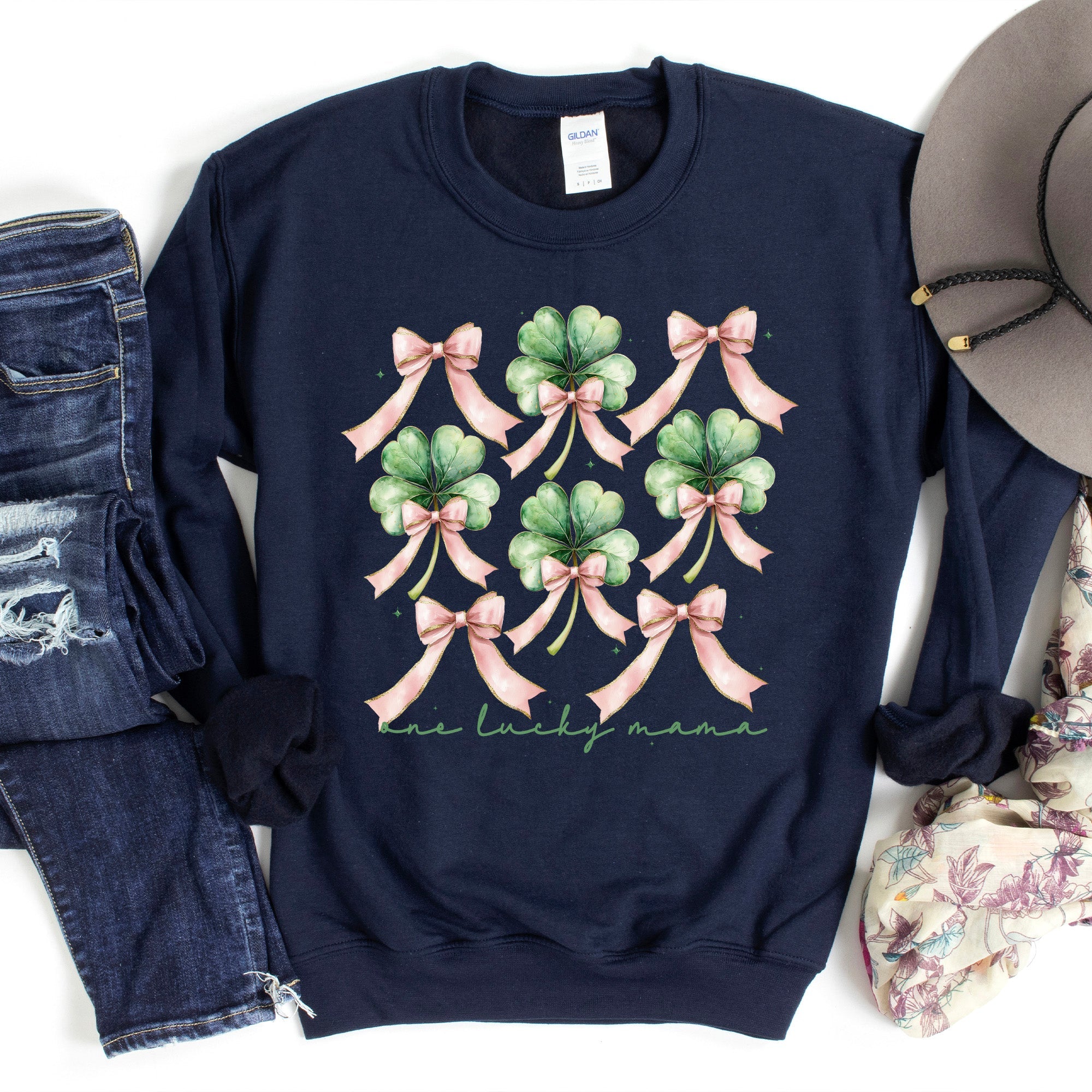 One Lucky Mama St Patrick's Day Coquette Bow Clover Shamrock Lucky Irish Lucky Charm Sweatshirt