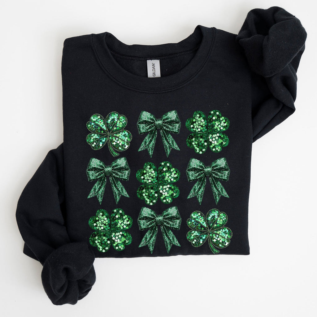 Sparkly Clover Shamrock Faux Sequins Bow Coquette Lucky Irish St Patrick's Day Sweatshirt