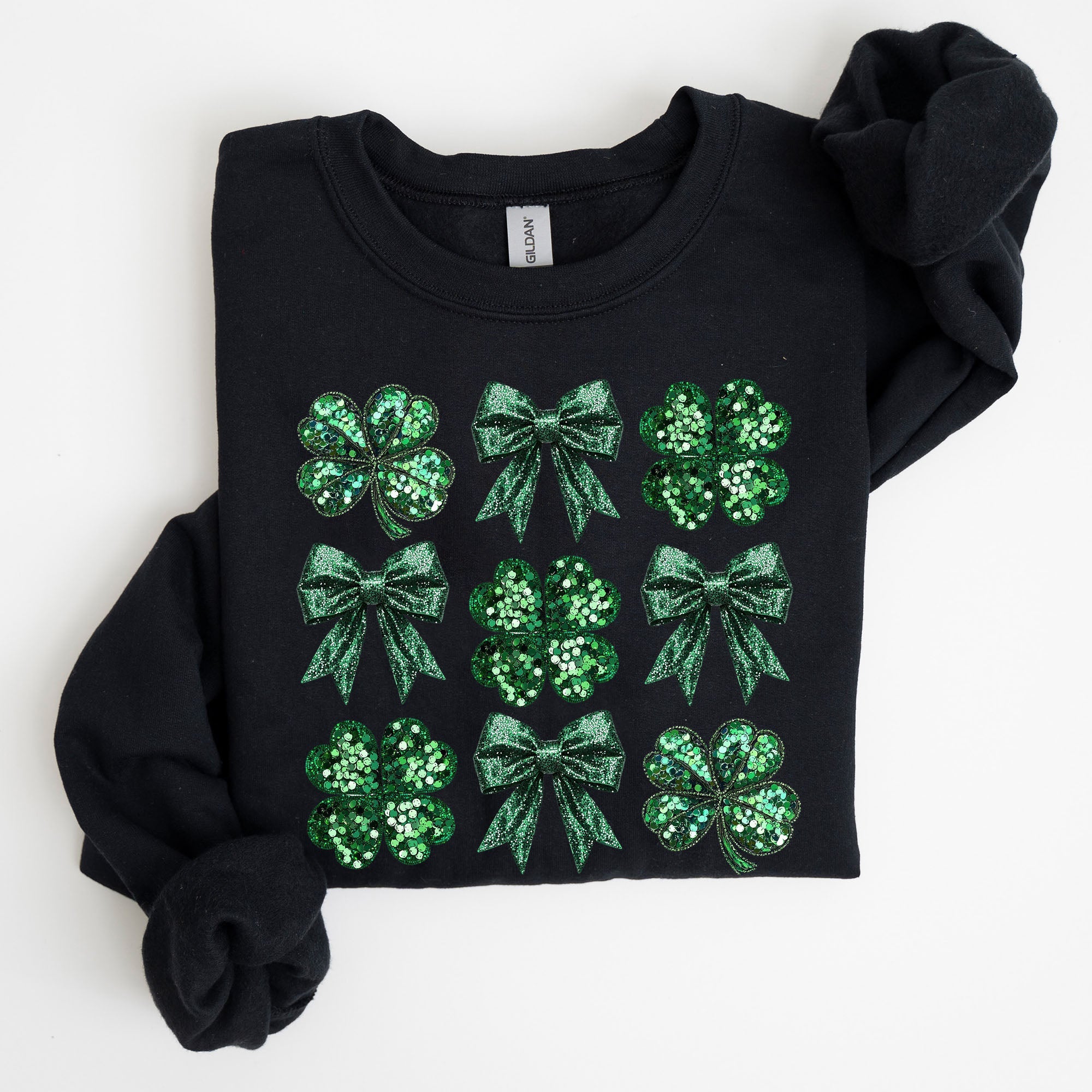 Sparkly Clover Shamrock Faux Sequins Bow Coquette Lucky Irish St Patrick's Day Sweatshirt