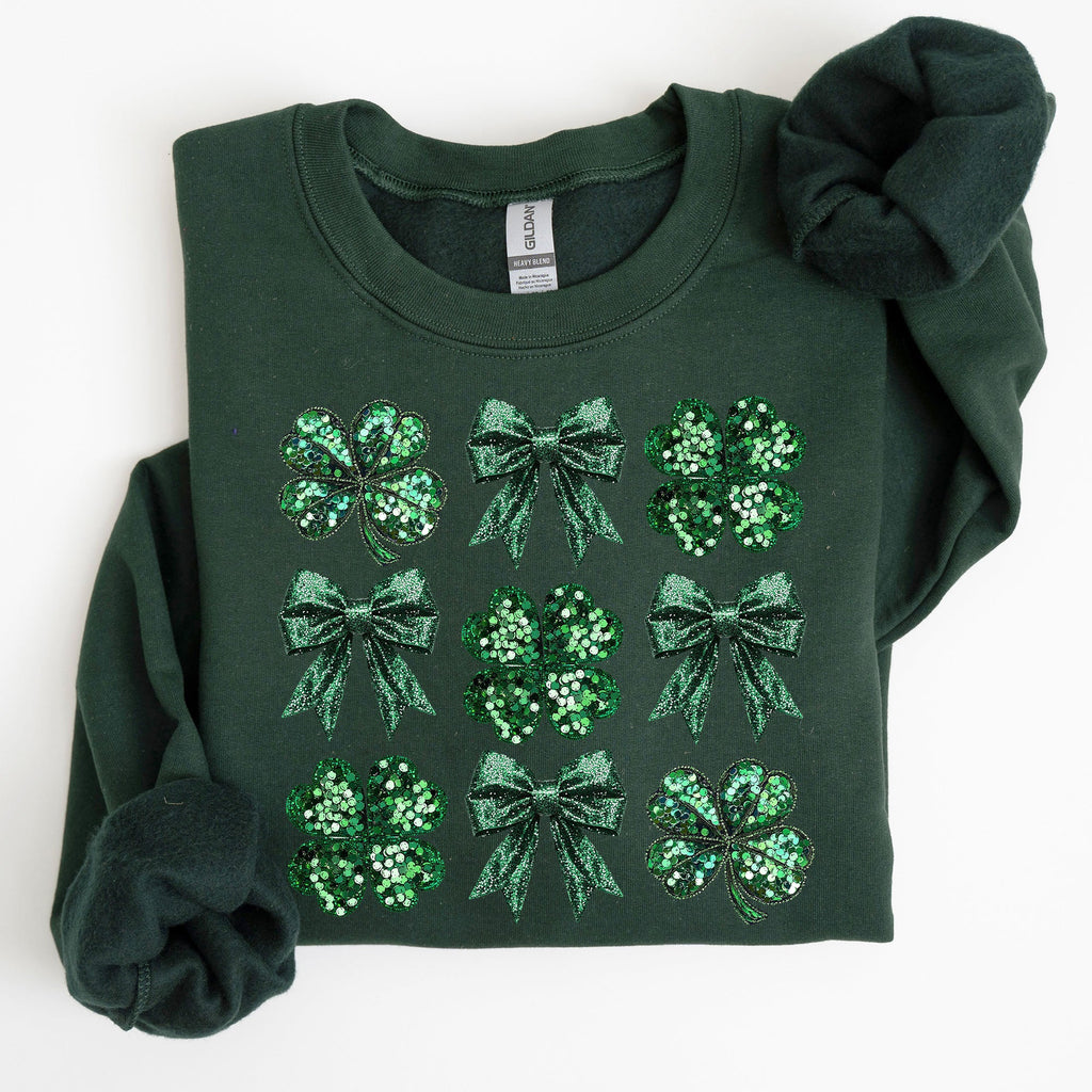 Sparkly Clover Shamrock Faux Sequins Bow Coquette Lucky Irish St Patrick's Day Sweatshirt