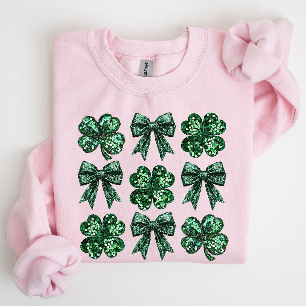Sparkly Clover Shamrock Faux Sequins Bow Coquette Lucky Irish St Patrick's Day Sweatshirt