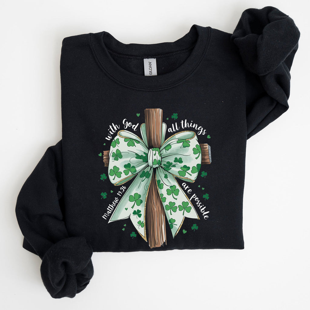 All Things Are Possible Matthew 19:26 Christian Coquette Bow Shamrock Lucky Irish Retro St Patrick's Day Sweatshirt