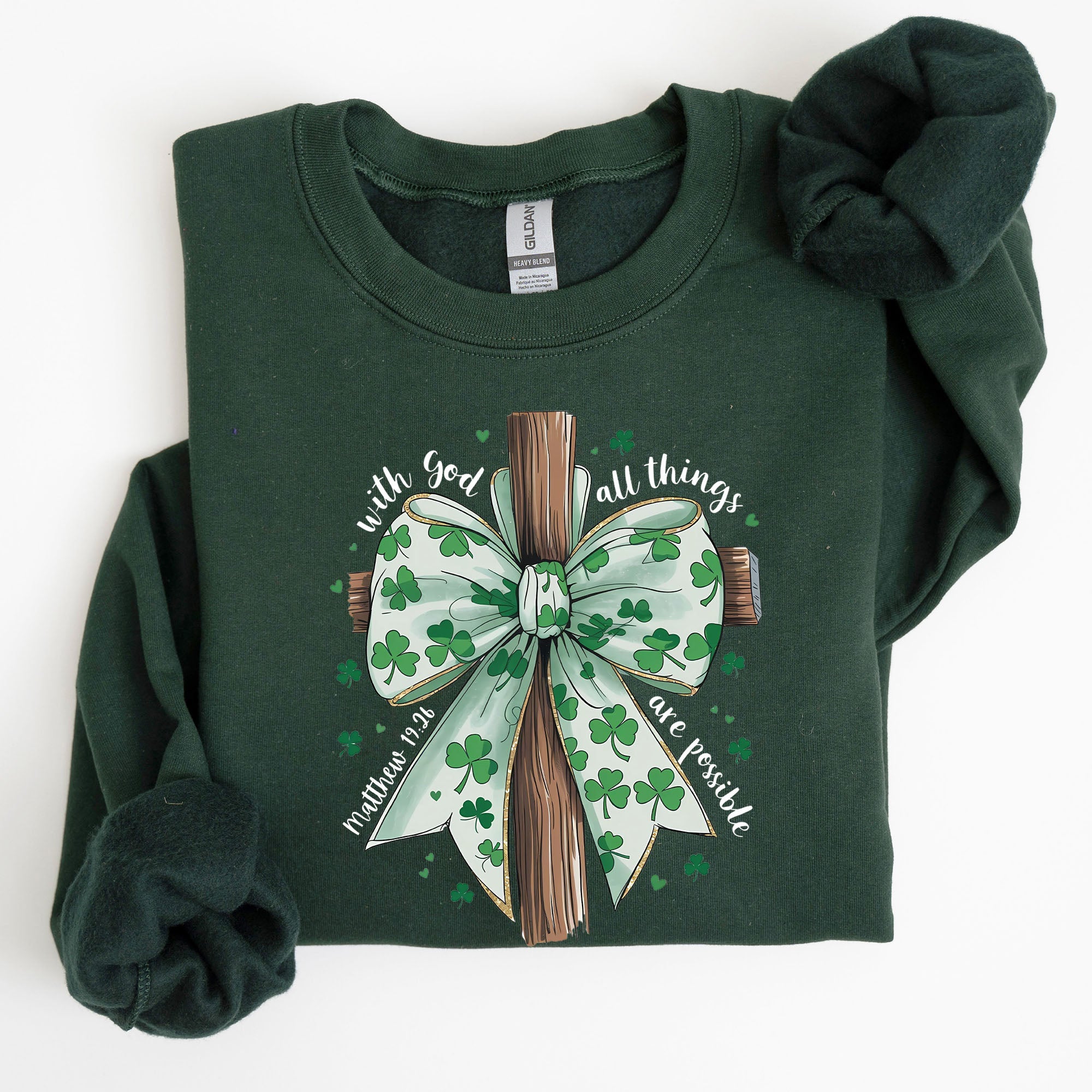 All Things Are Possible Matthew 19:26 Christian Coquette Bow Shamrock Lucky Irish Retro St Patrick's Day Sweatshirt