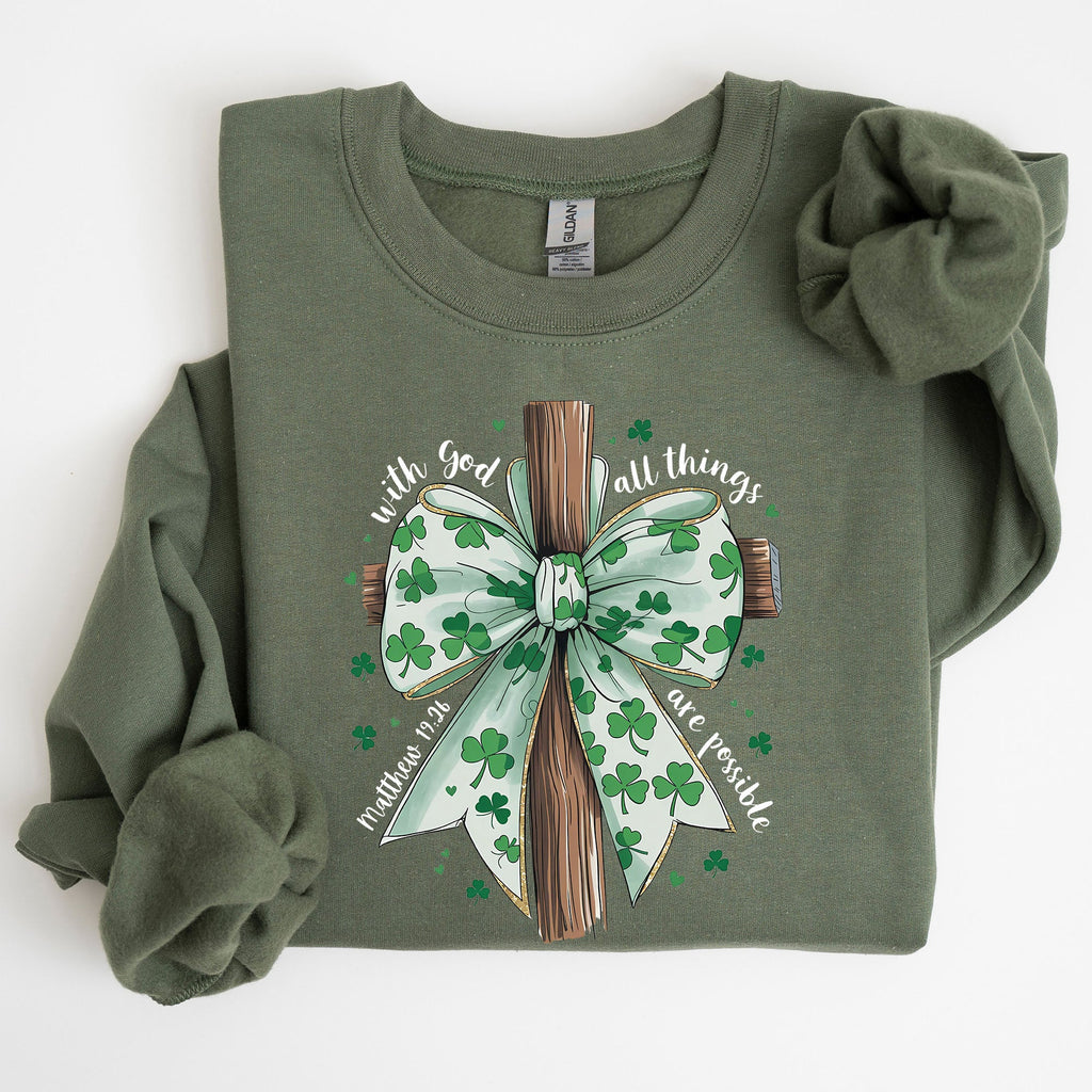 All Things Are Possible Matthew 19:26 Christian Coquette Bow Shamrock Lucky Irish Retro St Patrick's Day Sweatshirt