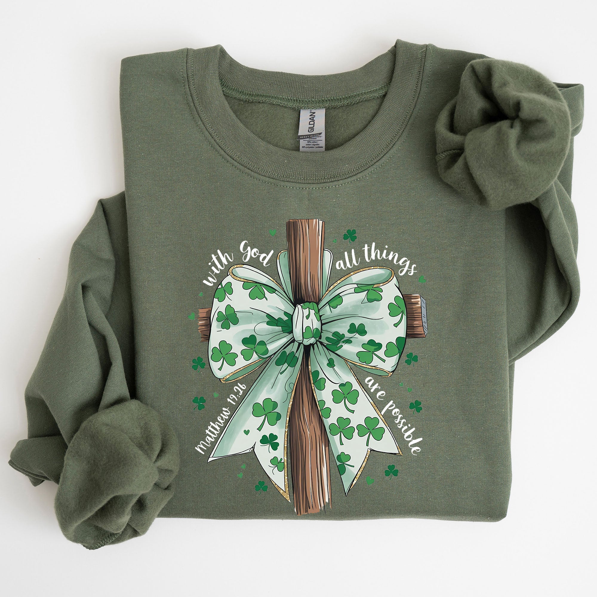 All Things Are Possible Matthew 19:26 Christian Coquette Bow Shamrock Lucky Irish Retro St Patrick's Day Sweatshirt