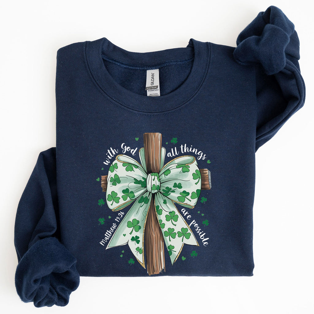 All Things Are Possible Matthew 19:26 Christian Coquette Bow Shamrock Lucky Irish Retro St Patrick's Day Sweatshirt