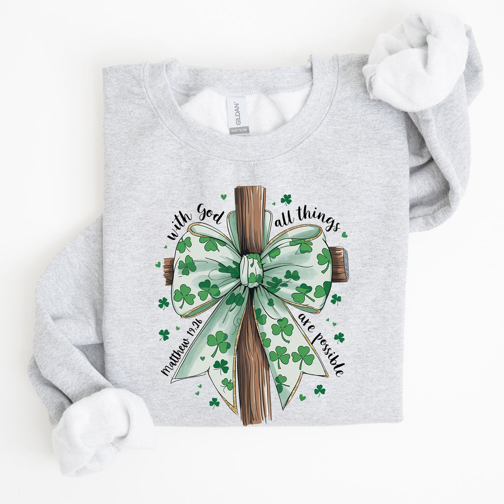 All Things Are Possible Matthew 19:26 Christian Coquette Bow Shamrock Lucky Irish Retro St Patrick's Day Sweatshirt
