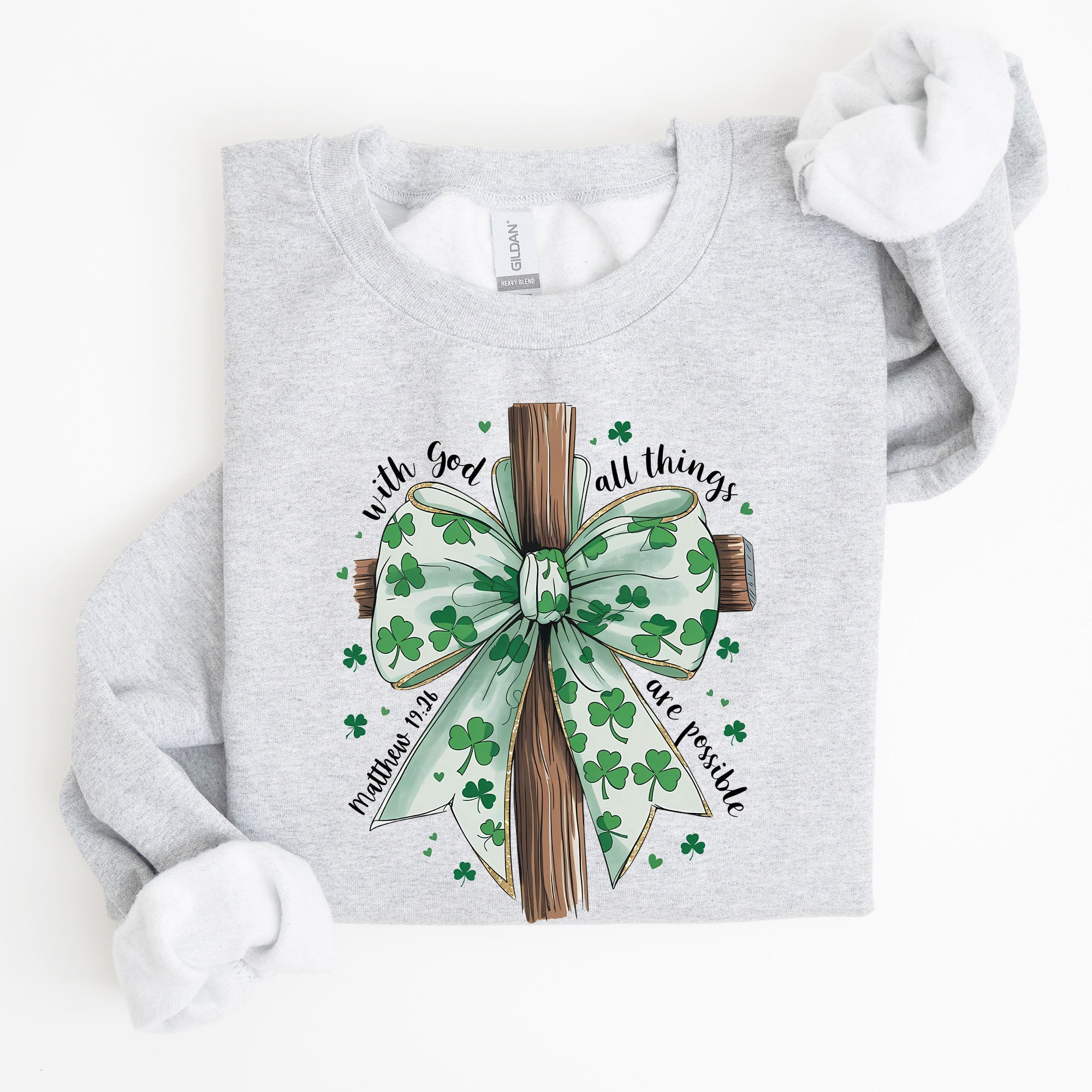 All Things Are Possible Matthew 19:26 Christian Coquette Bow Shamrock Lucky Irish Retro St Patrick's Day Sweatshirt
