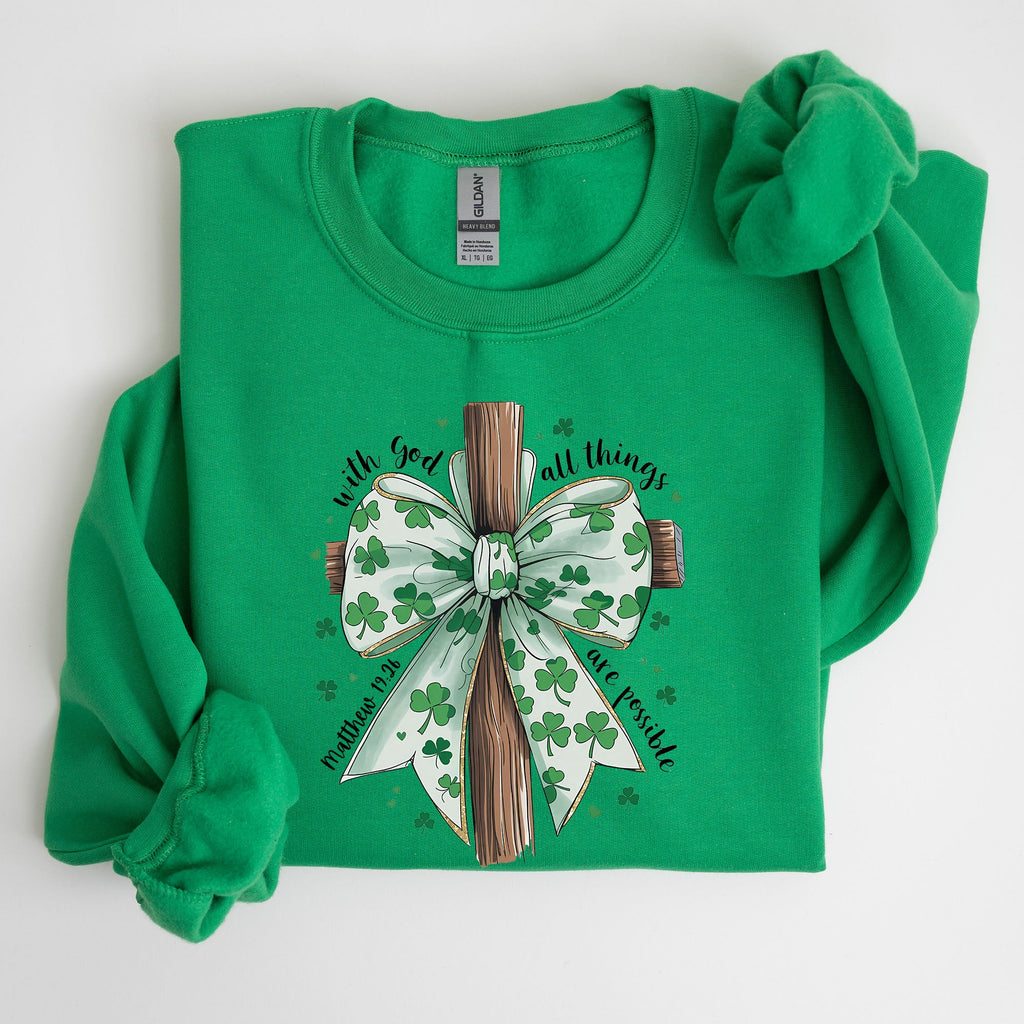 All Things Are Possible Matthew 19:26 Christian Coquette Bow Shamrock Lucky Irish Retro St Patrick's Day Sweatshirt