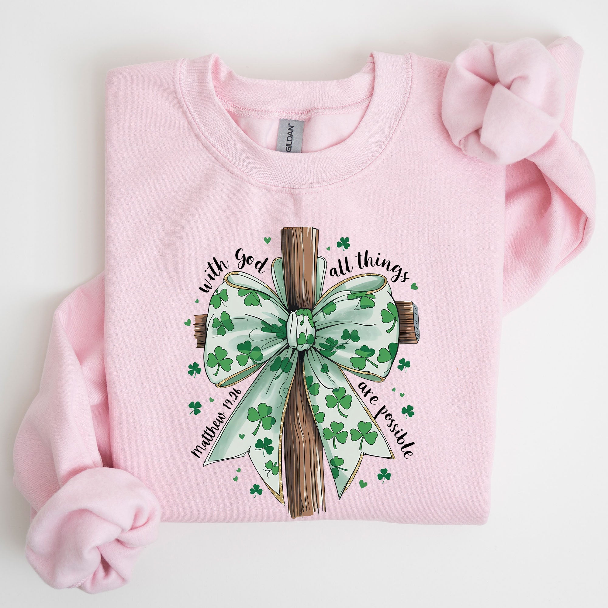 All Things Are Possible Matthew 19:26 Christian Coquette Bow Shamrock Lucky Irish Retro St Patrick's Day Sweatshirt