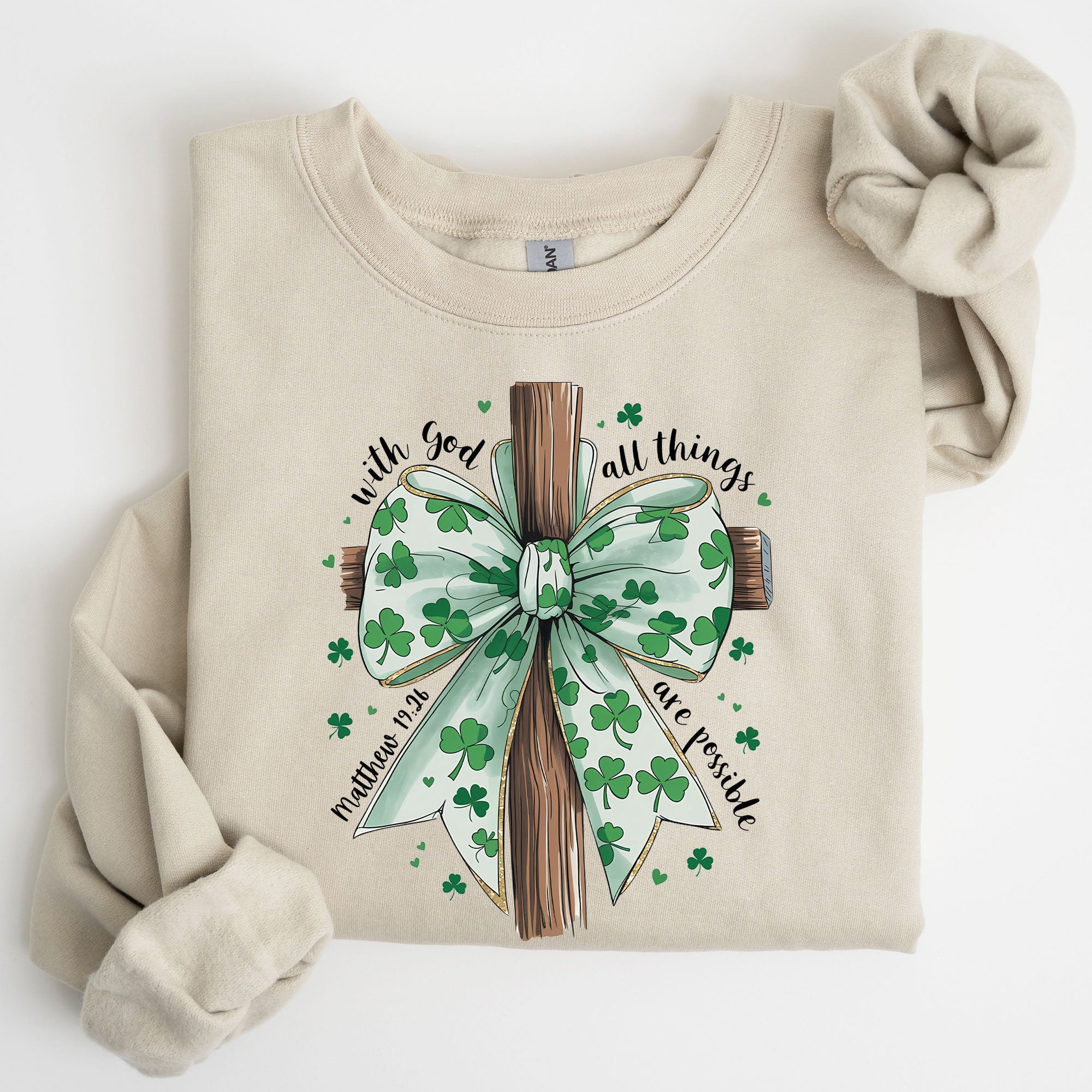 All Things Are Possible Matthew 19:26 Christian Coquette Bow Shamrock Lucky Irish Retro St Patrick's Day Sweatshirt