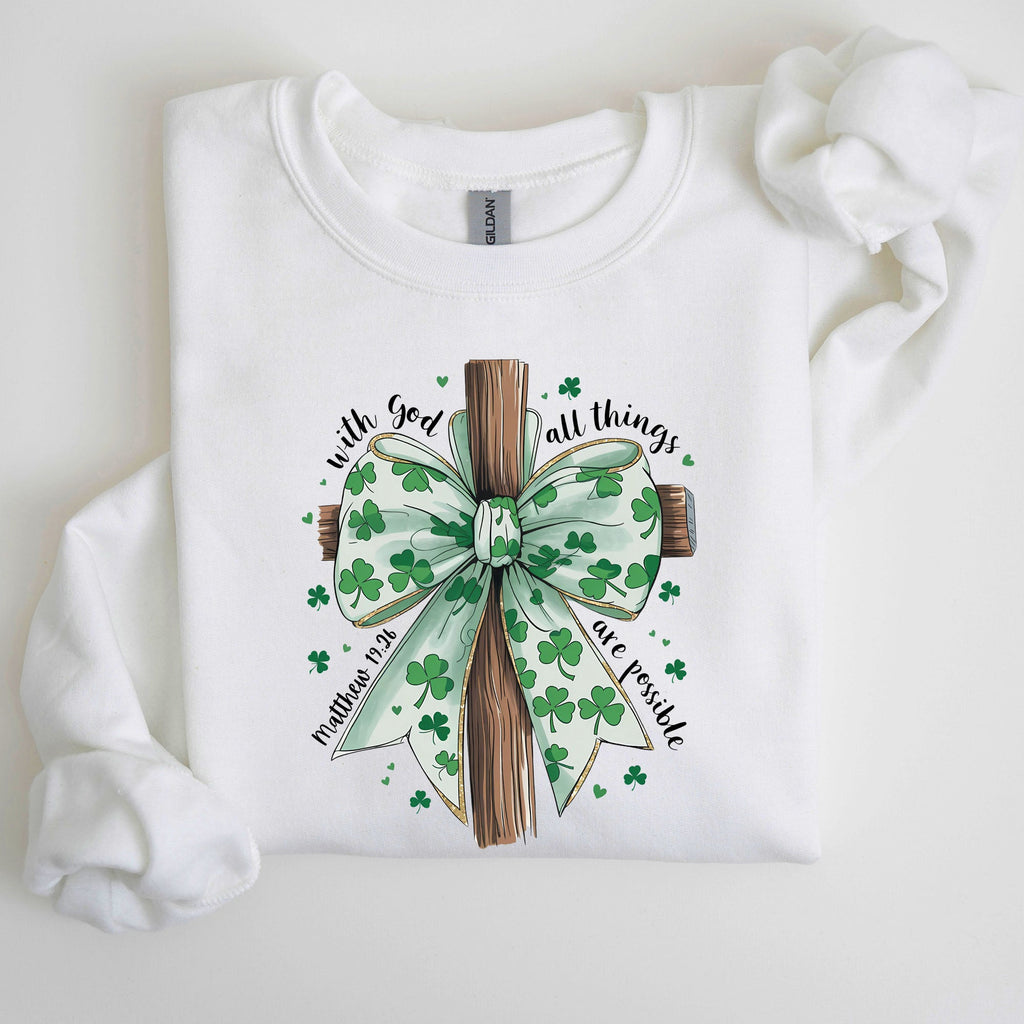 All Things Are Possible Matthew 19:26 Christian Coquette Bow Shamrock Lucky Irish Retro St Patrick's Day Sweatshirt