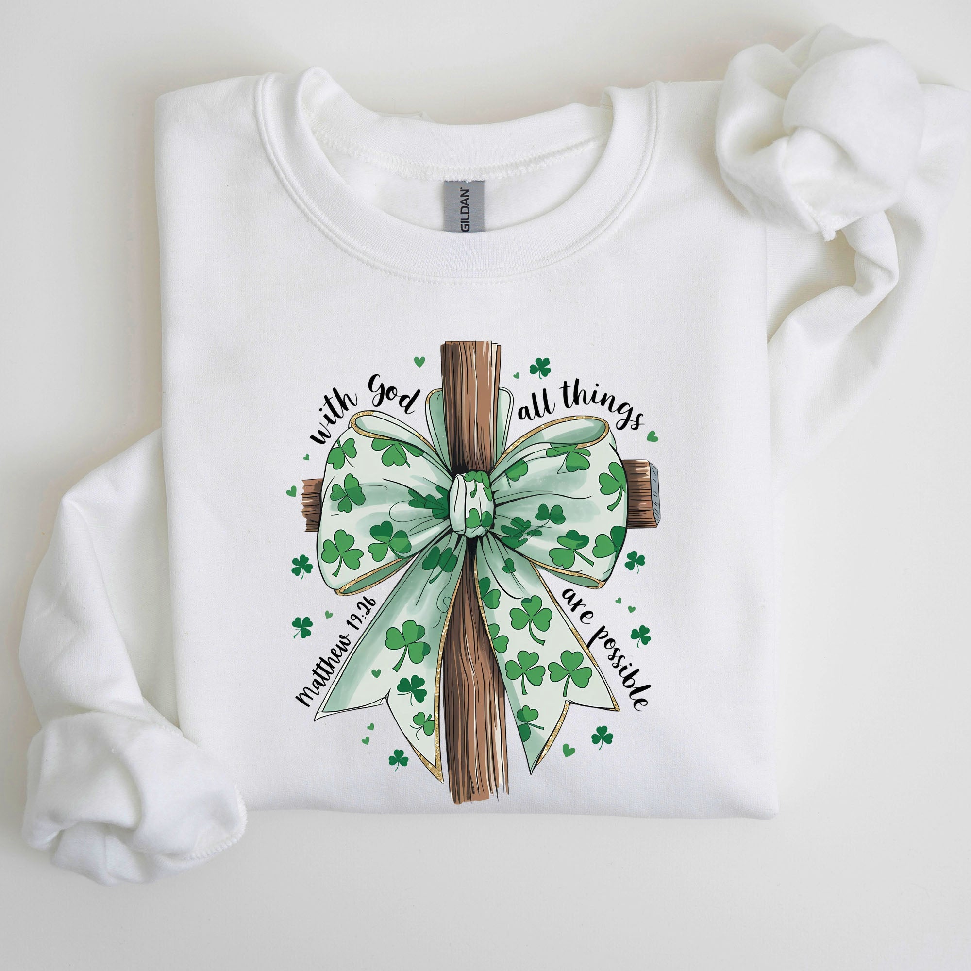 All Things Are Possible Matthew 19:26 Christian Coquette Bow Shamrock Lucky Irish Retro St Patrick's Day Sweatshirt