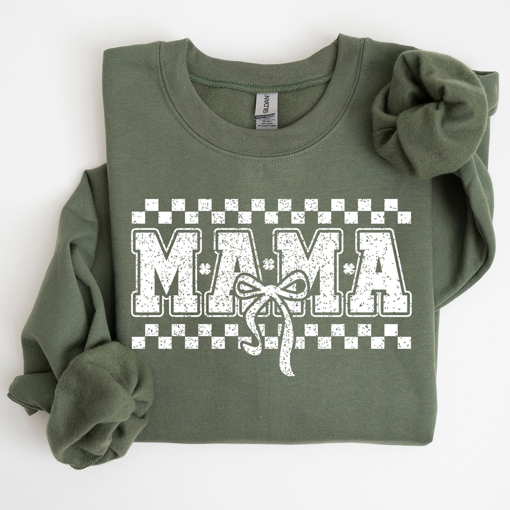 Mama Checkered Bow Coquette Lucky Charm Shamrock Irish Retro St Patrick's Day Sweatshirt