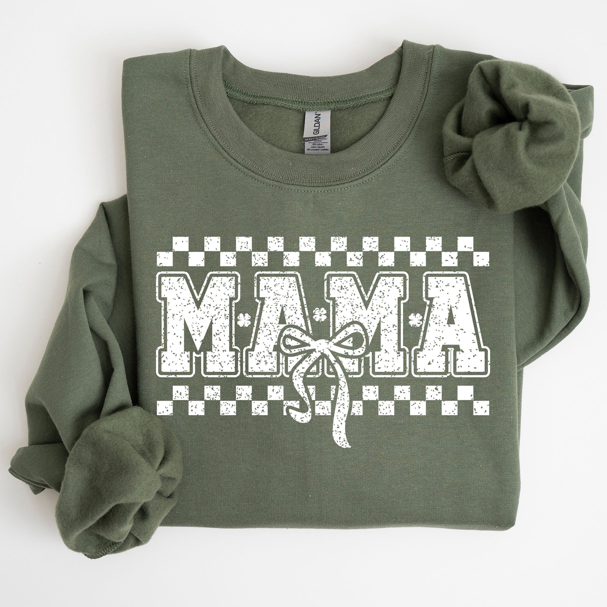 Mama Checkered Bow Coquette Lucky Charm Shamrock Irish Retro St Patrick's Day Sweatshirt