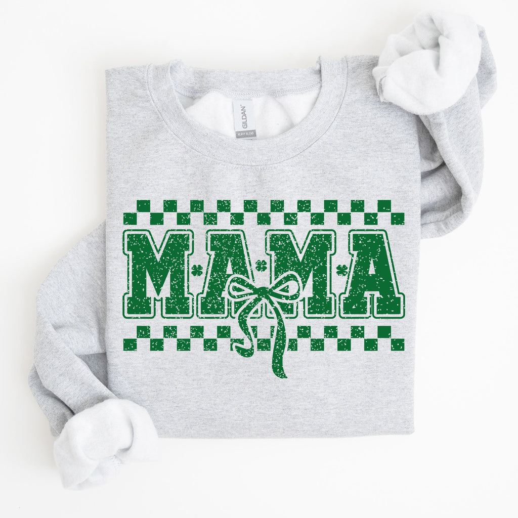 Mama Checkered Bow Coquette Lucky Charm Shamrock Irish Retro St Patrick's Day Sweatshirt