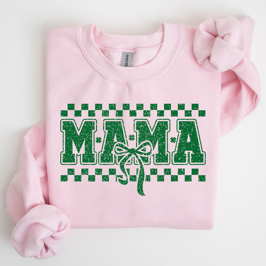 Mama Checkered Bow Coquette Lucky Charm Shamrock Irish Retro St Patrick's Day Sweatshirt