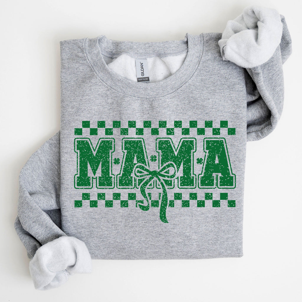 Mama Checkered Bow Coquette Lucky Charm Shamrock Irish Retro St Patrick's Day Sweatshirt