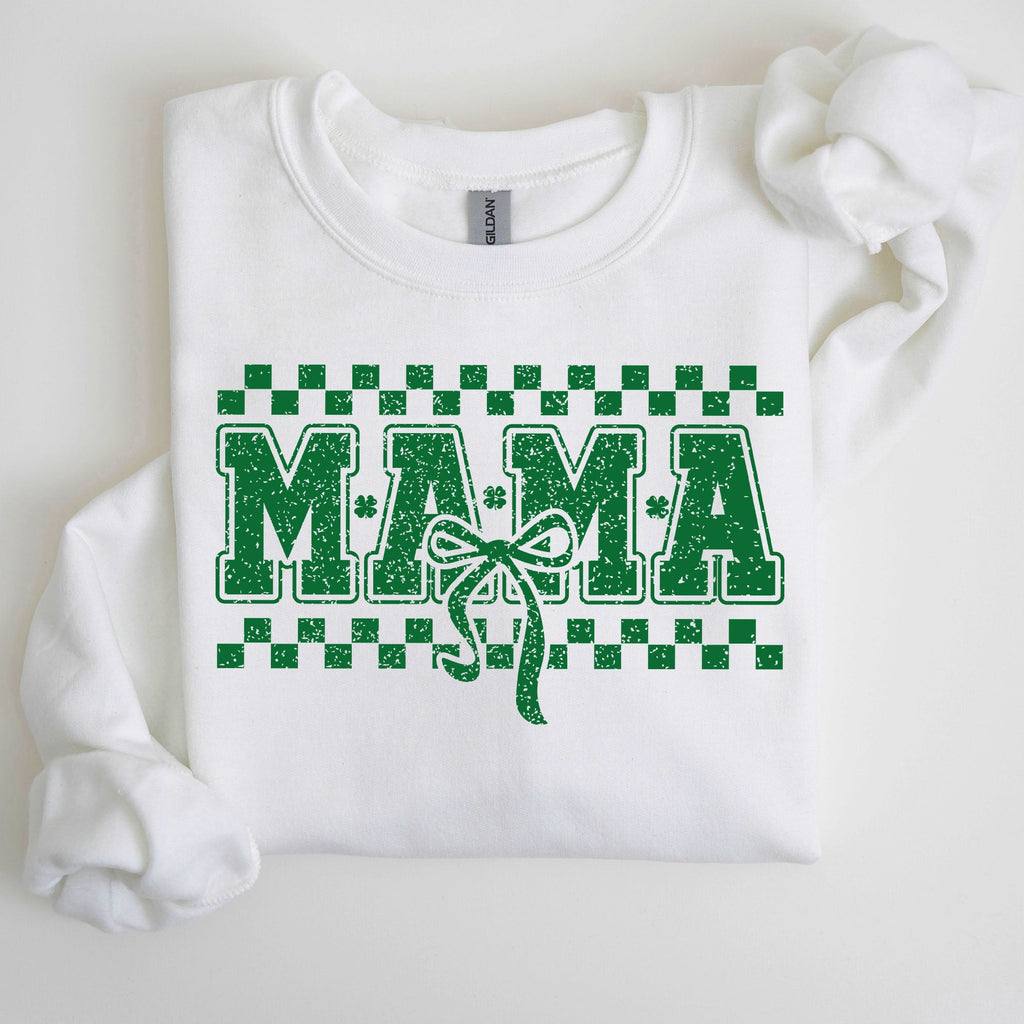 Mama Checkered Bow Coquette Lucky Charm Shamrock Irish Retro St Patrick's Day Sweatshirt