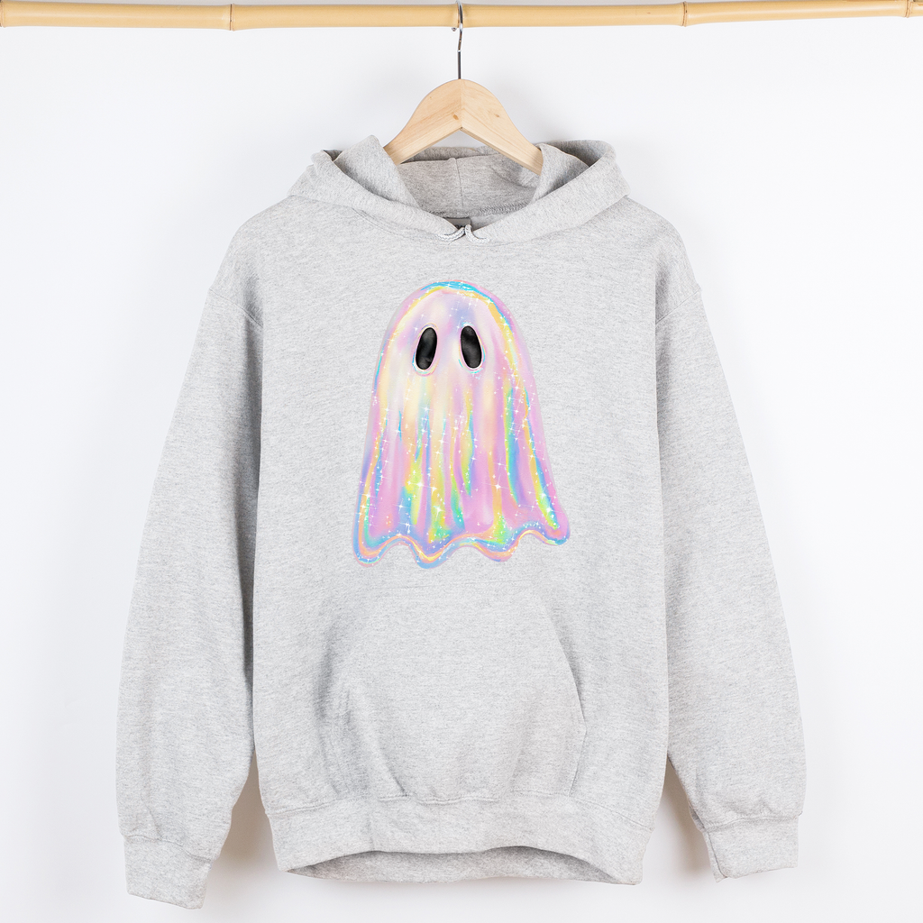 Shimmering Ghost Iridescent Boo Halloween Vintage Vibe Graphic Hooded Sweatshirt