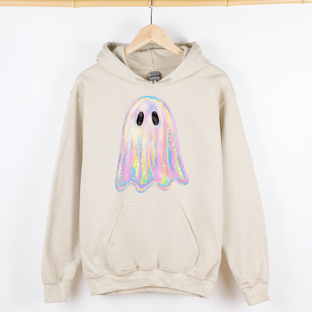 Shimmering Ghost Iridescent Boo Halloween Vintage Vibe Graphic Hooded Sweatshirt