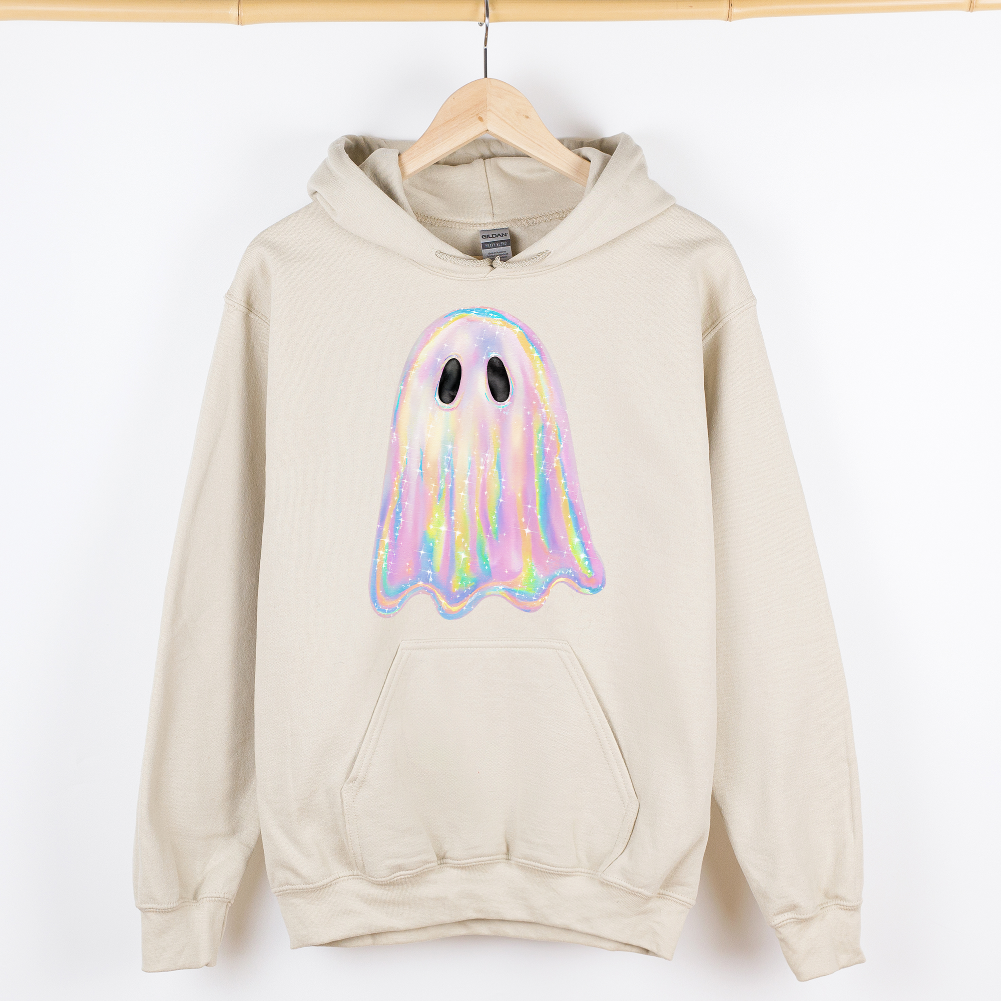 Shimmering Ghost Iridescent Boo Halloween Vintage Vibe Graphic Hooded Sweatshirt