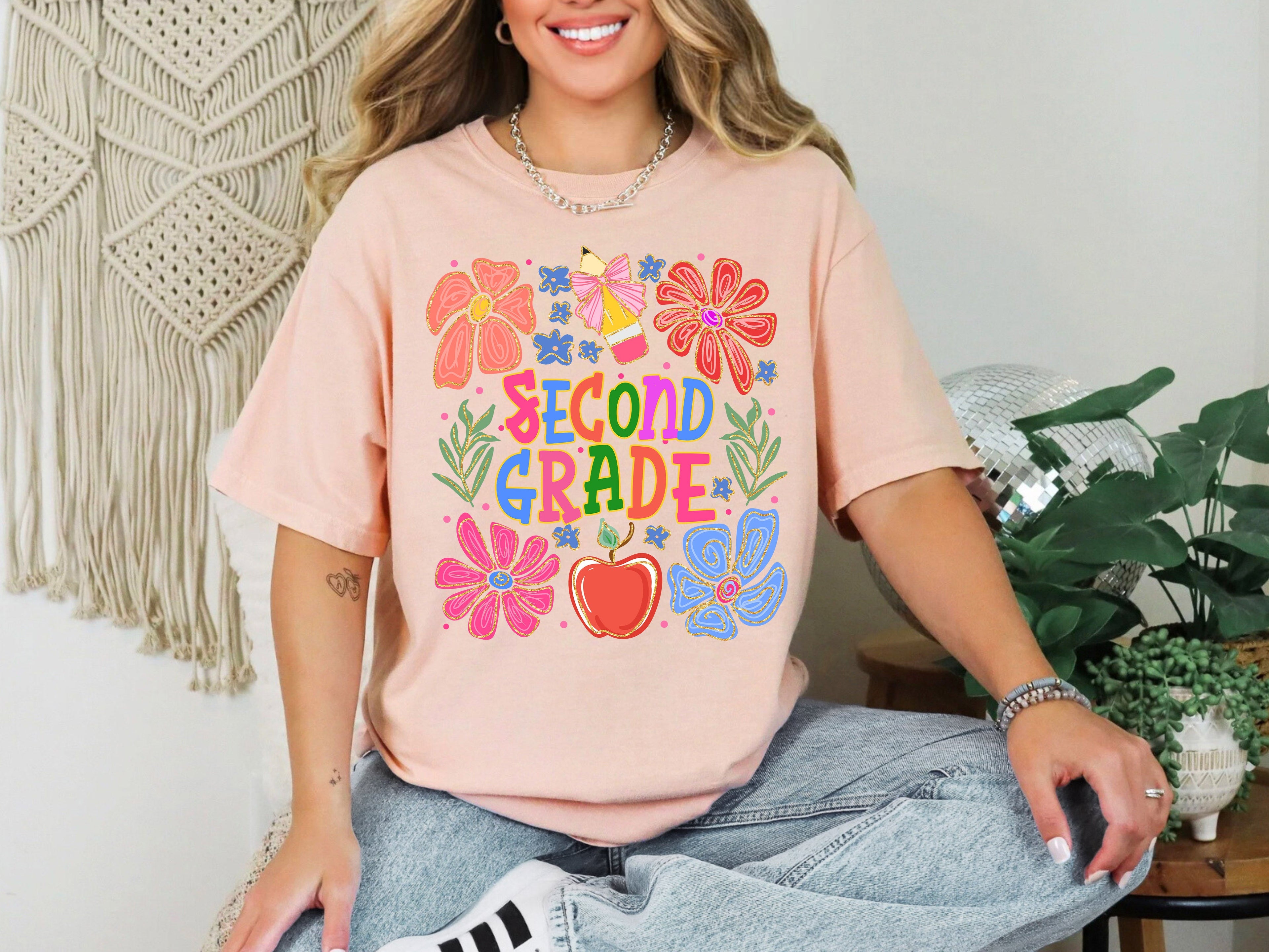 Second Grade Boho Teacher Floral Back To School First Day Of School Teacher Appreciation Comfort Colors Tee
